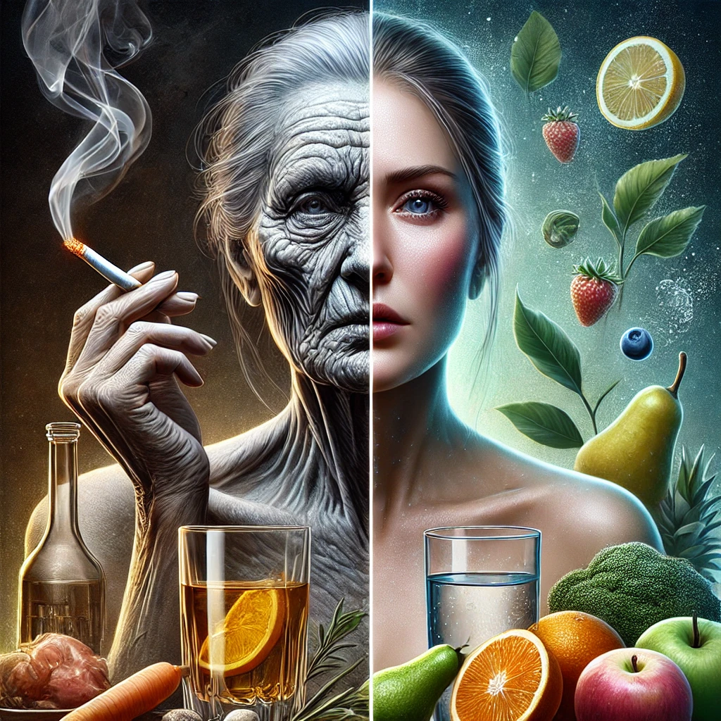 DALL·E 2025-02-22 16.15.35 - An artistic representation of unhealthy habits that accelerate aging. The image features two contrasting sides_ one side showing a woman with dull, wr