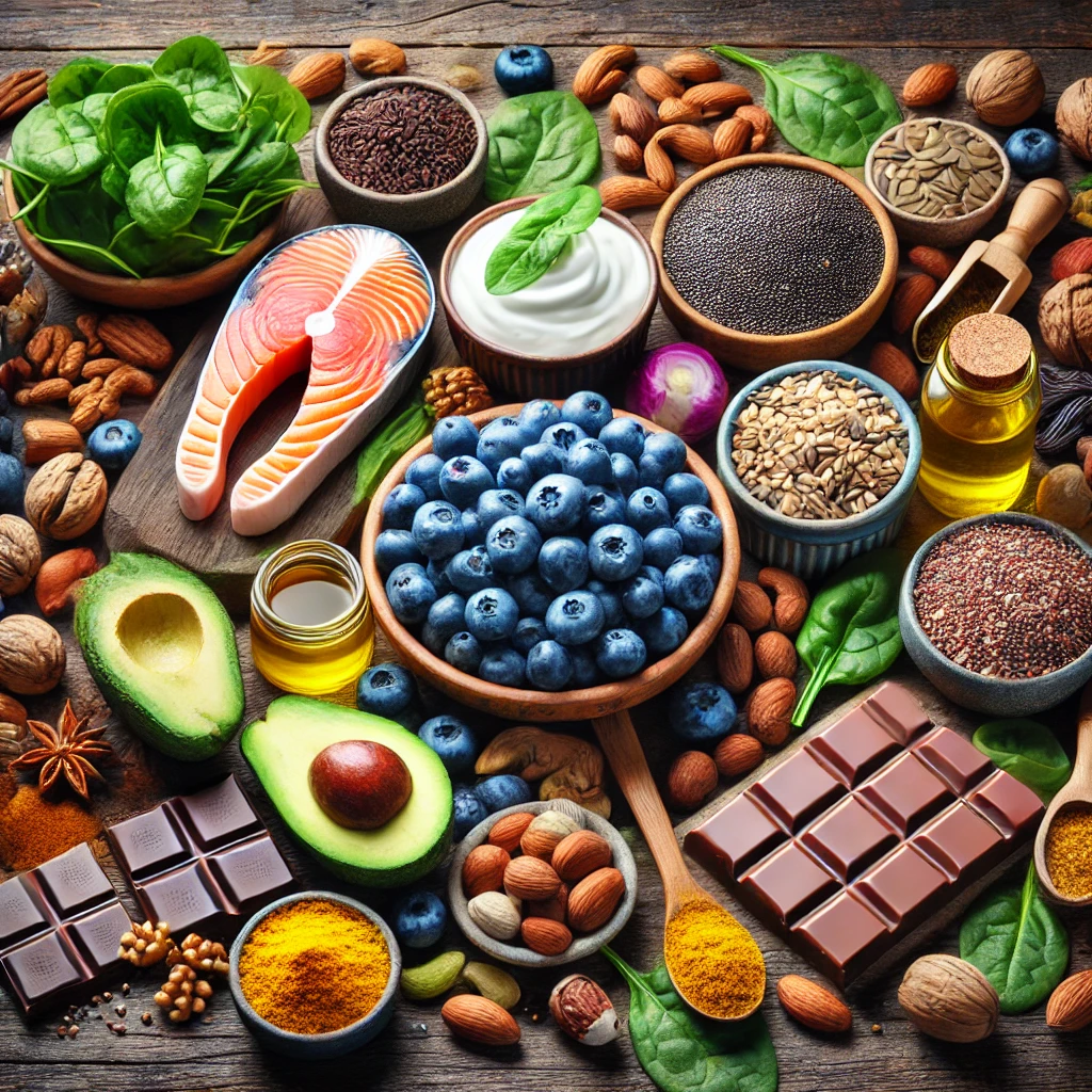 DALL·E 2025-02-26 13.47.22 - A colorful and realistic assortment of superfoods including blueberries, spinach, salmon, chia seeds, avocados, turmeric, Greek yogurt, nuts, quinoa,